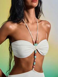 Barévion Women's Solid Color Pleated Halter Hollow Out Sexy Party Beach Dress White Summer - Yellow - View 8