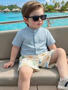 2pcs Baby Boy Solid Color Stand Collar Cardigan Short Sleeve Top & Casual Shorts Set - Multicolor - View 2