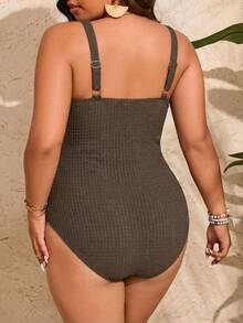 Swim Lushoire Plus Size Women Floral Ruffle Trim One-Piece Swimsuit - Coffee Brown - View 2
