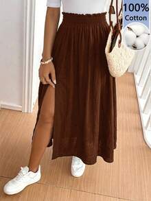 SHEIN Frenchy 休闲简约深色棉质半身裙，适合夏季穿着 - 棕色 - 查看 2