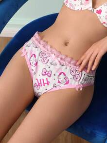 Chillnights HELLO KITTY AND FRIENDS | SHEIN Cute & Sweet Contrast Color Lace Patchwork Bow Coquette Doll Style Women's Thong Panties - White - View 3