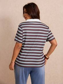 Elaquor Plus Size Summer Casual Chocolate Brown Polo Collar Short Sleeve T-Shirt Formal Teacher - Multicolor - View 3