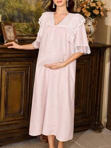 PalaceNights Robe de maternité rétro française, robe de maternité longue ample avec volant en dentelle, robe d'intérieur de style doux - Multicolore - Voir 1