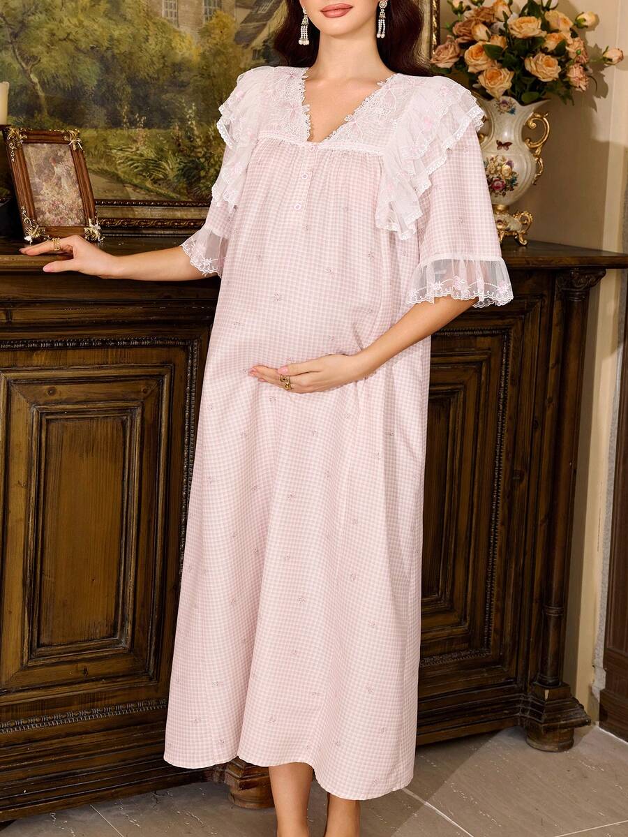 PalaceNights Robe de maternité rétro française, robe de maternité longue ample avec volant en dentelle, robe d'intérieur de style doux - Multicolore - Voir 1
