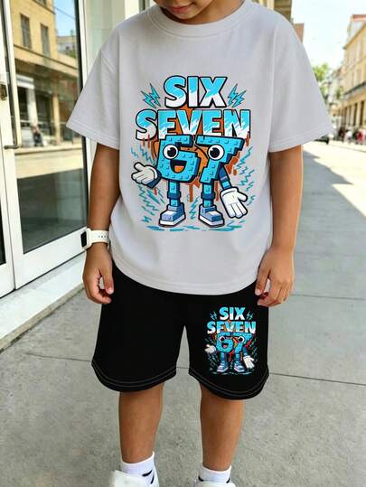 2pcs/Set Tween Boys' Cartoon 67 Numeral Print Gray Top + Black Shorts Set, European And American Kids Must-Have! Toddler Boys' Summer Cartoon 67 Print Short Sleeve T-Shirt And Shorts Two Pieces Set, Loose And Comfortable Streetwear Style, Fashionable And Eye-Catching, Suitable For Home Play Or Outdoor Stroll, Cute Daily Wear, Summer Essential, Children Summer Short Sleeve Shorts