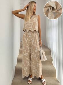 SHEIN LUNE Beige Summer Elegant Tropical Holiday Tea Party Beach Vacation Sleeveless Cropped Shirt And Wide Leg Pants Set, Floral Print Wavy Asymmetric Hem - Khaki - View 4