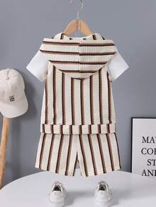 SHEIN 男童两件套背心外套+休闲短裤，夏季套装。条纹拉链连帽背心搭配同款条纹短裤，面料柔软舒适，适合男童日常穿着。 - 彩色 - 查看 2