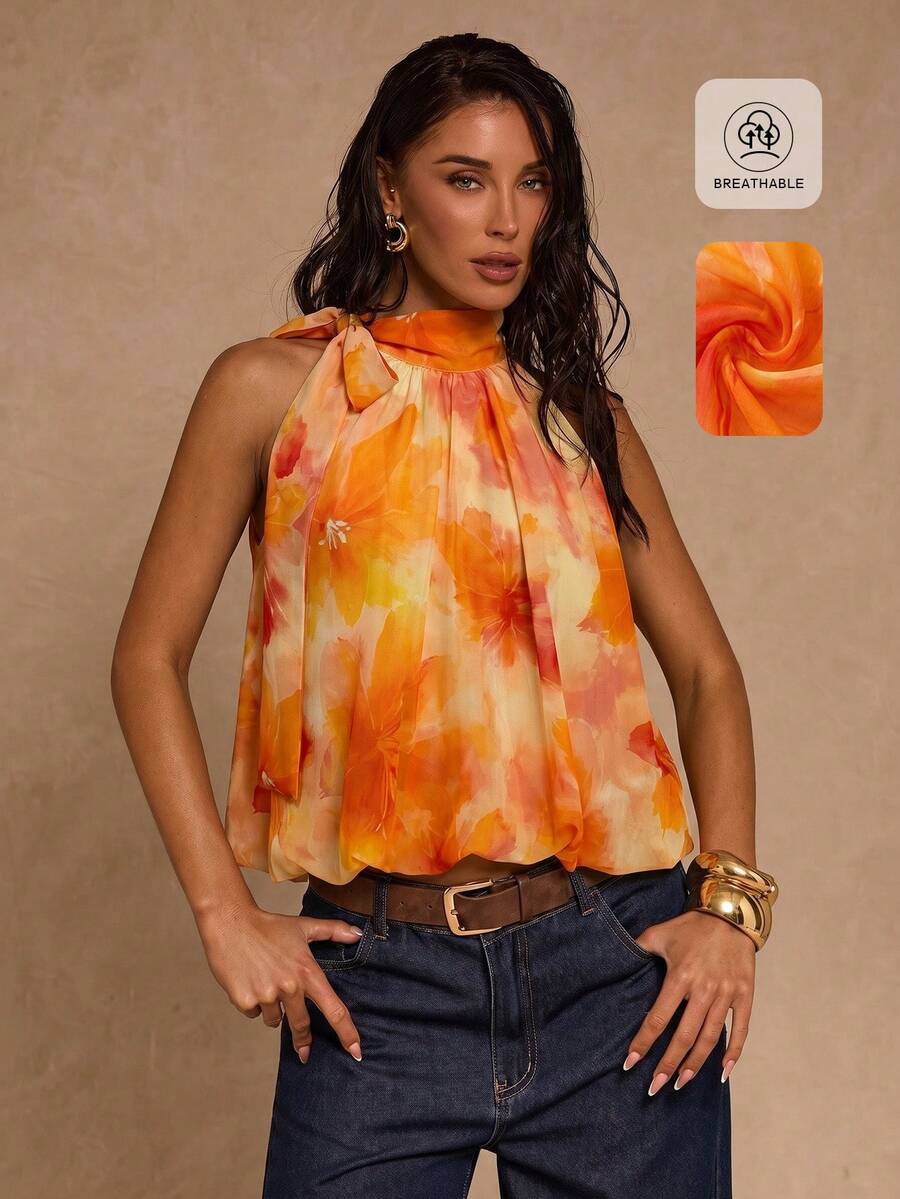 SHEIN Glamour Women's Elegant Floral Print Halter Neck Blouse,Golden Yellow Tropical Summer Top With Tie Detail,Holiday Vacation Beach & Resort Party Outfits - Orange - View 1