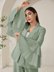 Veilorie Women's Stylish Sage Green Two-Piece Outfit With Ruffle Cuff Jacket And Wide Leg Pants - Green - View 7
