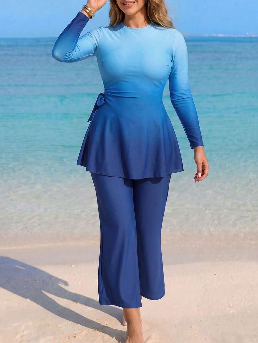 Swim Shayni Burkini kín đáo màu trơn gradient dành cho phụ nữ cỡ lớn - Màu xanh lam - Xem 1