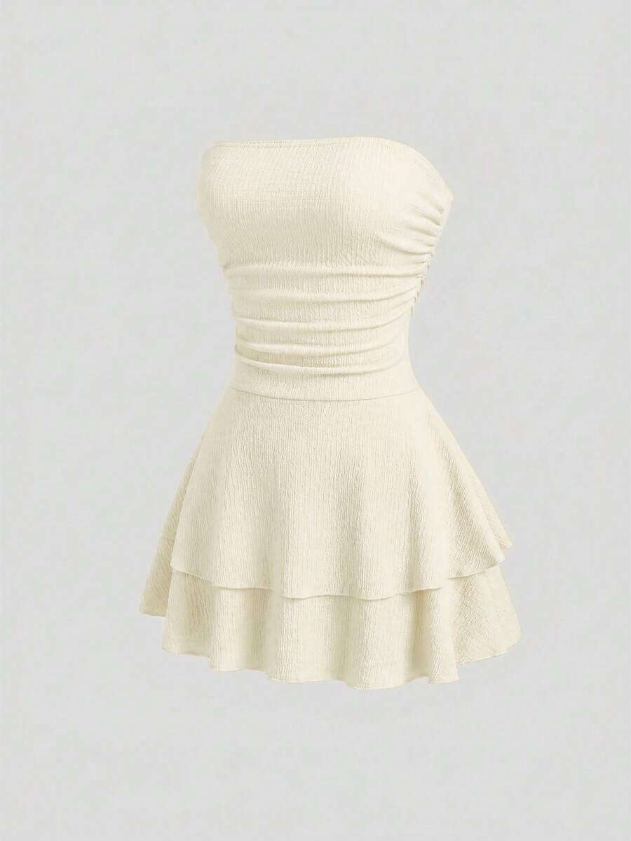 Sweetra Damen Neues Minimalistisches Einfarbiges Trägerloses Strick Mini Kleid, Mehrschichtiges Tortenkleid - Beige - Übersicht 1