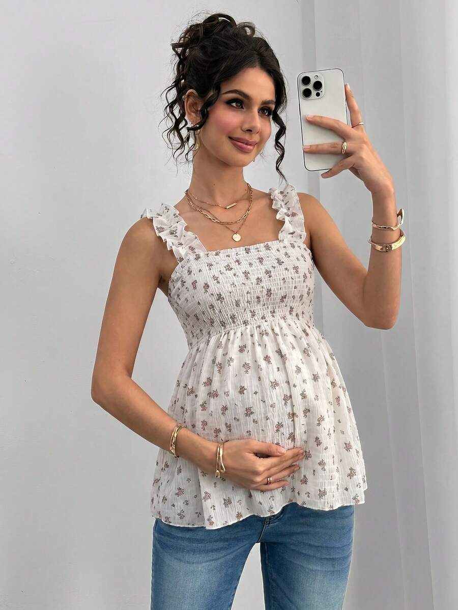 Momance Áo ngủ babydoll mùa hè, kiểu dáng thường ngày, họa tiết hoa nhí, viền bèo nhún, dây đeo rộng, thích hợp cho kỳ nghỉ. - Xám - Xem 1
