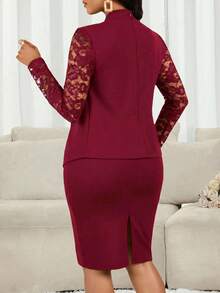 SHEIN Lady 女士酒红色蕾丝拼接长袖上衣和半裙套装（2件套），秋冬季 - 酒紅色 - 查看 3