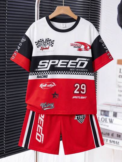 SHEIN Bộ 2 món thời trang thường ngày cho bé trai, kiểu dáng thể thao năng động, in chữ và hình ảnh, gồm áo thun cổ tròn tay ngắn và quần short, thích hợp cho mùa xuân/hè.