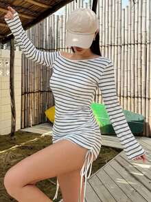 DAZY 女款秋季不對稱單肩抓皺綁帶沙灘夜店度假罩衫 性感透視泳裝披肩長袖上衣 白色 - 灰色 - 查看 3