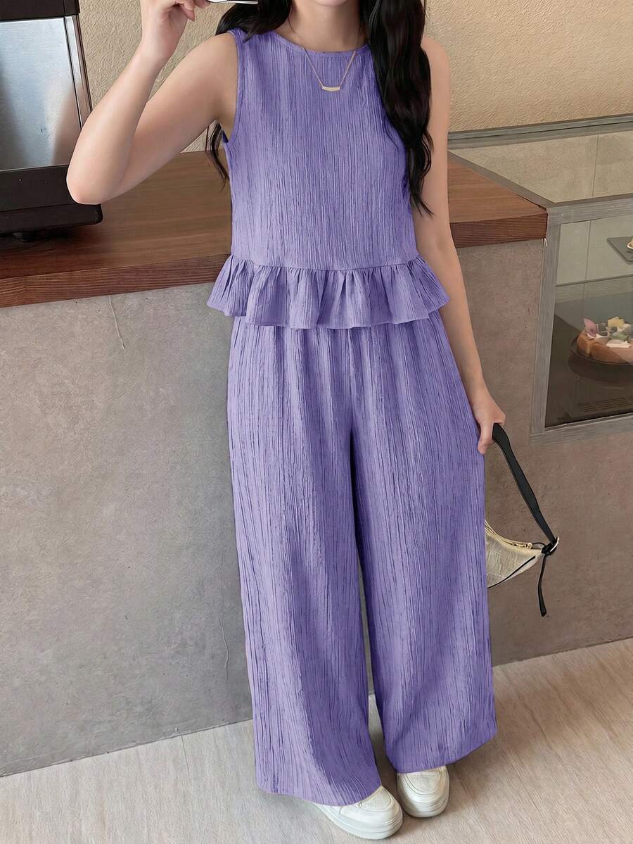 SHEIN 少女紫色纹理编织无袖上衣搭配直筒裤,休闲度假套装,适合假日、派对、优雅场合、返校季、春季野餐、日常穿着。 - 紫色 - 查看 1