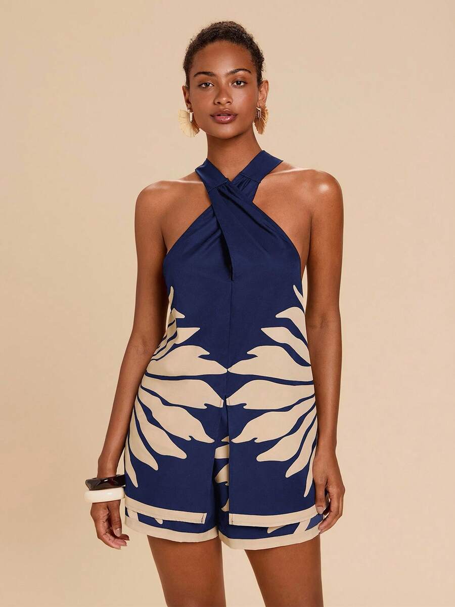 Travachic Vacation Woven Printed Halter Neck Top High Waist Loose Shorts 2 Pieces Set For Women Beach Navy Blue Summer Tropical - Navy Blue - View 1