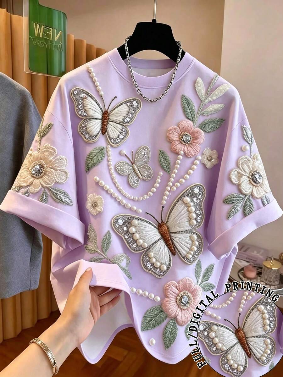 INAWLY Plus Size Women Versatile Butterfly & Flower Print Short Sleeve T-Shirt - Mauve Purple - View 1