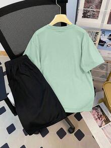 SHEIN 青少年男孩字母印花圆领短袖T恤和短裤休闲日常穿搭 - 薄荷綠 - 查看 2