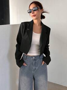 DAZY Spring And Autumn Casual Solid Color Lapel Collar Short Blazer Jacket,Fall Women Clothes Business Attire - Black - View 5