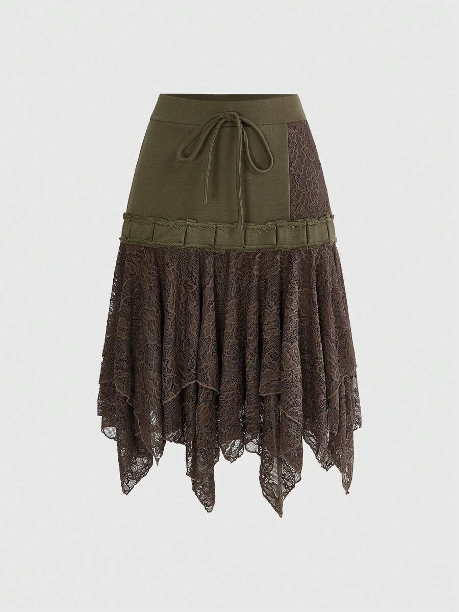 ROMWE Fairycore Vintage Fairy-Core Sweatshirt Fabric Asymmetrical Hem Women's Mini Skirt, Spring/Summer - Army Green - View 1