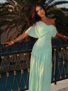 Elegante vestido de mujer verde menta de malla con fruncido, escote asimétrico sin hombros, línea A, estilo bohemio tropical, atuendo de verano para boda - Wasserblau - Ver 6