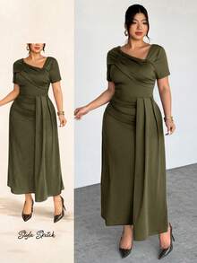 Firerie Plus Size Women's Spring/Summer New Oblique Collar Ruffle Hem Asymmetrical Design Vacation Casual Waist Cinching Elegant Short Sleeve Dress - Army Green - View 9