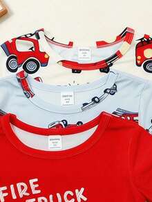 SHEIN 6pcs/Set Kids Boys Firefighter Truck Print Pajama Set,Includes 2 Sets Short Sleeve Tops & Pants,Summer,Family Matching Snug Fit Sleepwear Homewear - Red and White - View 7