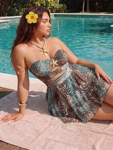 ROMWE Goth Vestido Estampado Animal de Estilo Boêmio, Plus Size, Sem Alças, Recorte Vazado, Decoração de Estrela de Metal, Bainha Multicamadas, Verão - Multicolorido - Visão 5