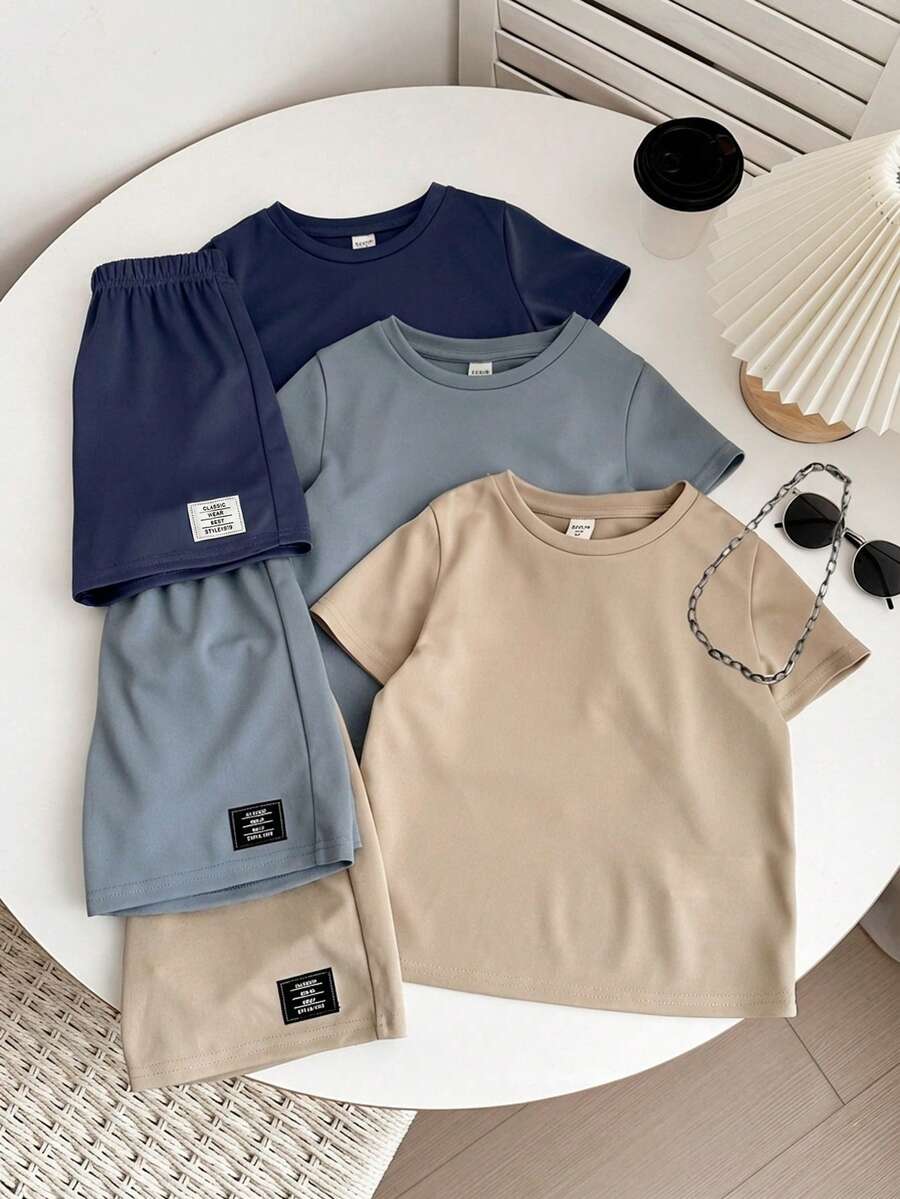 6件套儿童夏季服装,男童舒适休闲金属项链装饰圆领短袖T恤上衣,短裤2件套,高性价比套装,适合户外玩耍、街拍、派对、居家休闲等场合。 - 彩色 - 查看 1