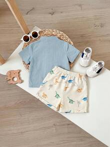 2pcs Baby Boy Solid Color Stand Collar Cardigan Short Sleeve Top & Casual Shorts Set - Multicolor - View 6