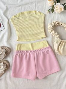 SHEIN 2pcs/Set Casual Street Style Letter Print Cropped Top And Shorts Set,Summer Tank Contrast Color Block Pants,Pink Brown,Cute Outfit - Multicolor - View 2