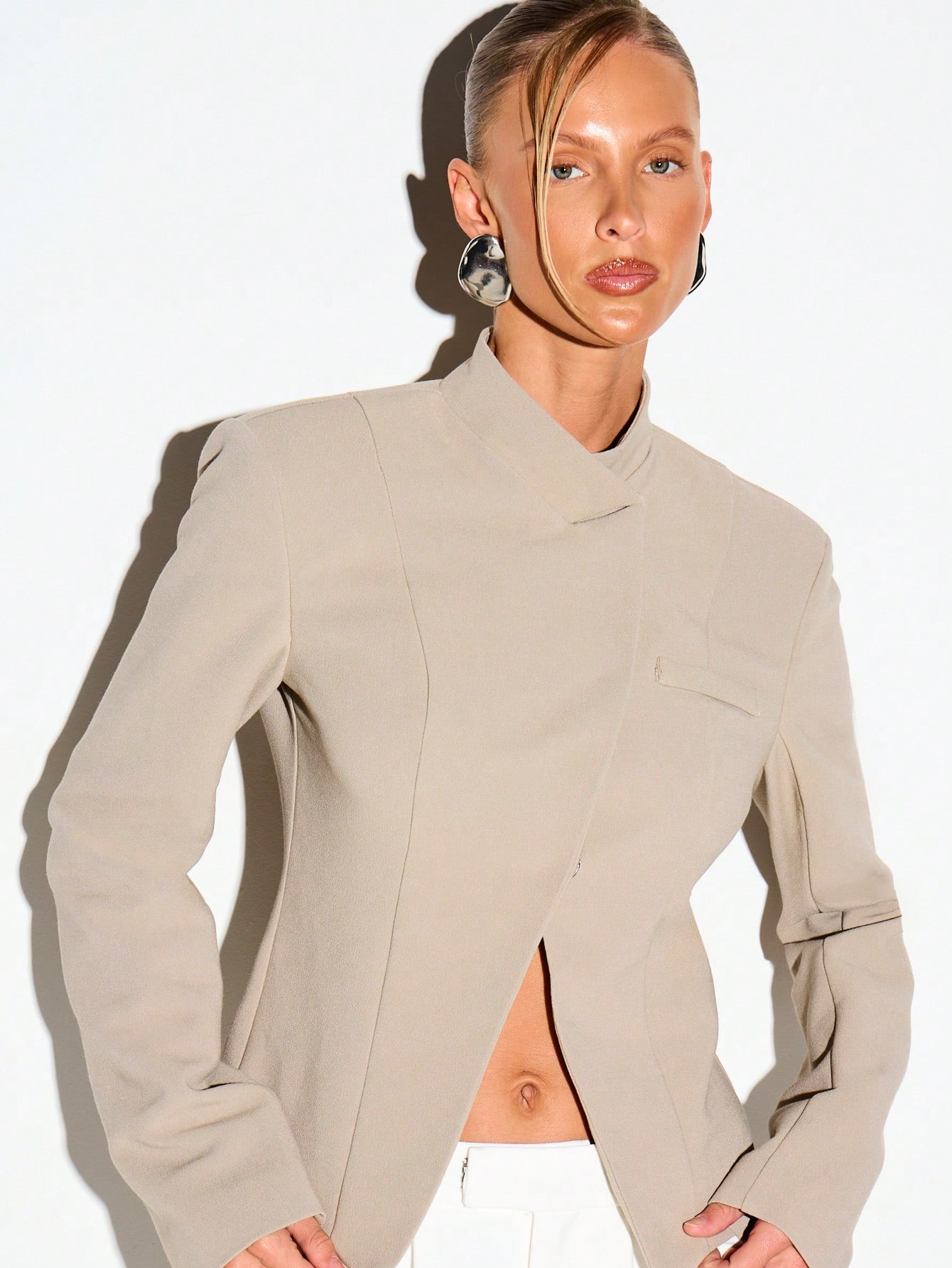 Wrap Over Blazer With Split Front And Stand Collar