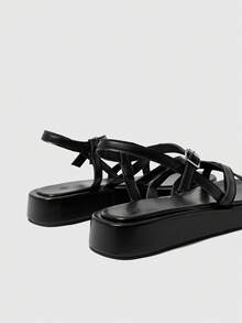 HighSole Women's Spring And Summer New Multi-Belt Cross Back Buckle Design Open Platform Simple Versatile Style Black Sandals Daily Commuting Shopping Wear - Black - View 4