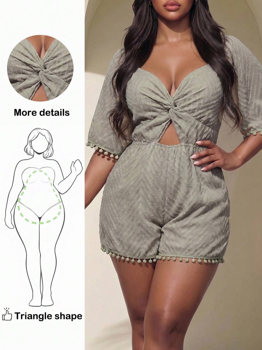 Truni Sometimesglam Plus Size Solid Color V-Neck Hollow Out Twist Front Short Sleeve Jumpsuit For Summer, For Pear Triangle Body Shape - Green - View 1