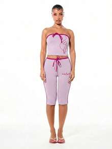 BABYPHAT Leggings capri in jersey da donna con dettaglio a nodo, vita con coulisse, stampa a testo, viola rosa, casual estivo - Lilla Viola - Visualizzare 2