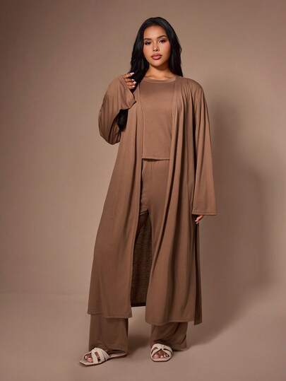 Lazeform 3pcs Solid Color Plus Size Robe + Short Sleeve Top + Pants Set, Casual Loungewear