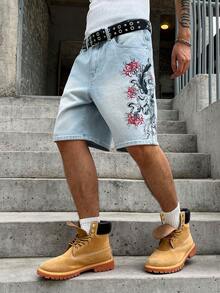 GALLERY FADE Quần short denim nam mùa hè, phong cách đường phố thường ngày, màu sáng, in kỹ thuật số, không kèm thắt lưng. - Màu xanh lam - Xem 6