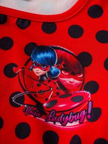 Miraculous Ladybug X SHEIN Cartoon Character Polka Dot Print Square Neck Casual T-Shirt For Young Girl - Red - View 4