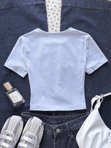 SHEIN 95%棉质休闲简约浅蓝色圆领插肩袖修身T恤 - 藍色 - 查看 7