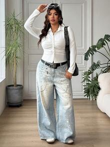 SHEIN EZwear 大尺碼女款純色長袖單排扣休閒百褶 T 恤 - 米色 - 查看 5