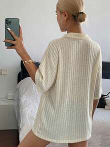 DAZY Women's Lace Textured Loose Pullover Casual Shirt With Lapel - Beige - View 6