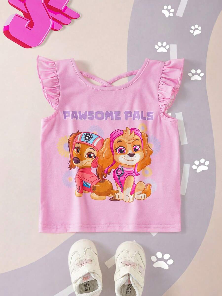 SHEIN | PAW Patrol Kaos Kasual Berkerah Bulat dengan Motif Kartun dan Hem Berkerut untuk Anak Perempuan - Berwarna merah muda - View 1