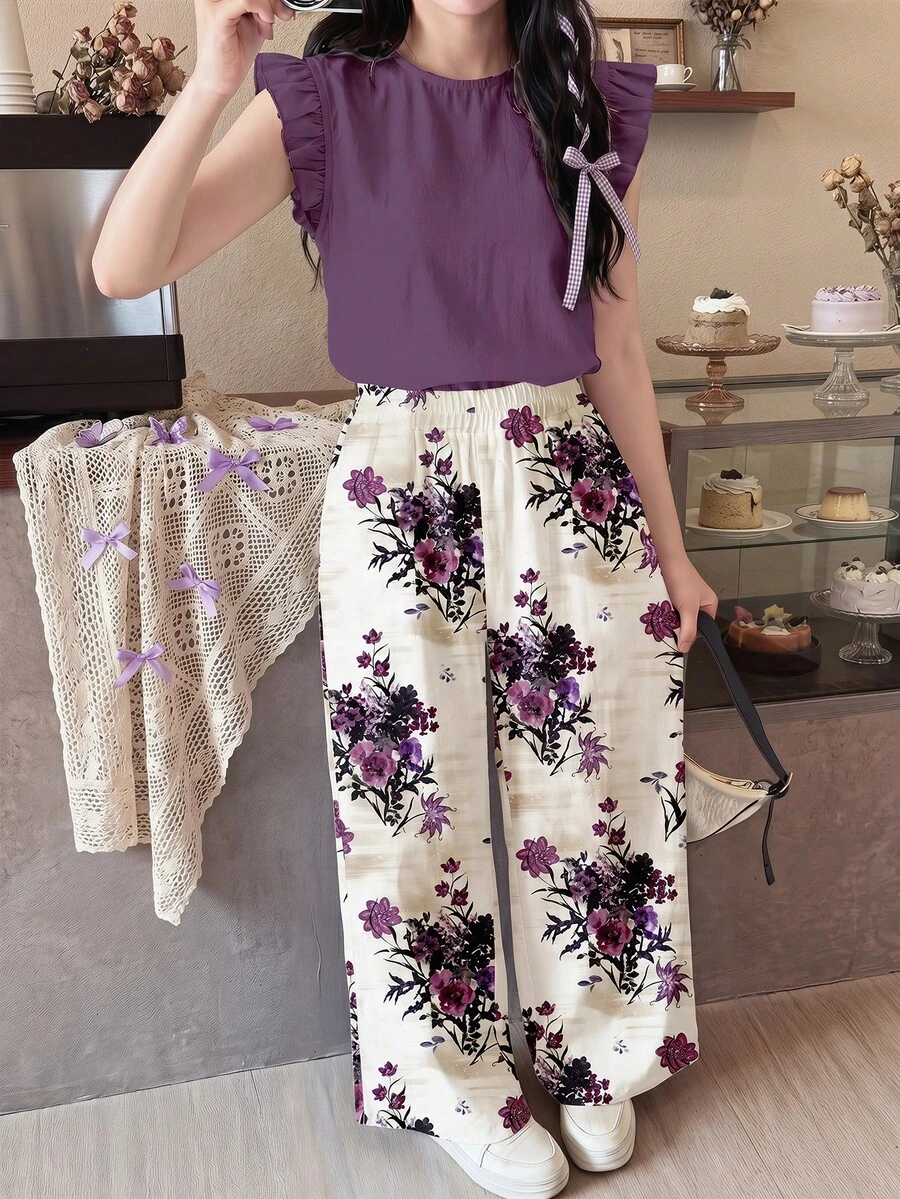 SHEIN 波西米亚风野花印花长裤搭配紫色上衣,压花套装,波西米亚野花,植物套装,少女衬衫套装背心套装,休闲假日夏季,返校季,返校节,颓废风,条纹,轻松舒适 - 彩色 - 查看 1