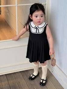 Dazy Kids Toddler Girls' Round Neck Color Block Korean Style Bow Sleeveless Mid-Length Dress Summer - Black - View 4
