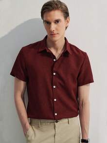 Manfinity CityGents 1pc Men's Burgundy Casual Commuter Versatile Slim-Fit Button-Up Shirt, Summer - Burgundy - View 1