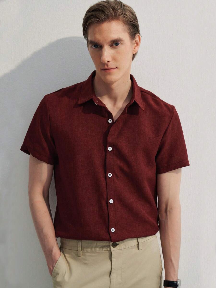 Manfinity CityGents 1pc Men's Burgundy Casual Commuter Versatile Slim-Fit Button-Up Shirt, Summer - Burgundy - View 1