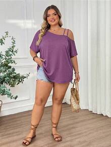 SHEIN CURVE+ Camiseta casual holgada de manga corta con cuello redondo y estampado de teñido anudado para mujer de talla grande, primavera/verano - Morado - Ver 6