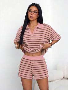 PETITE Conjunto de 2 piezas para mujer con camiseta de manga larga de hombros caídos y cuello en V a rayas holgada y pantalones a rayas con cintura elástica, conjunto de suéter de invierno, conjunto de salón a rayas de otoño/invierno de 2 piezas para mujer, conjunto casual de 2 piezas a rayas, conjunto cómodo de 2 piezas - Rosa - Ver 7