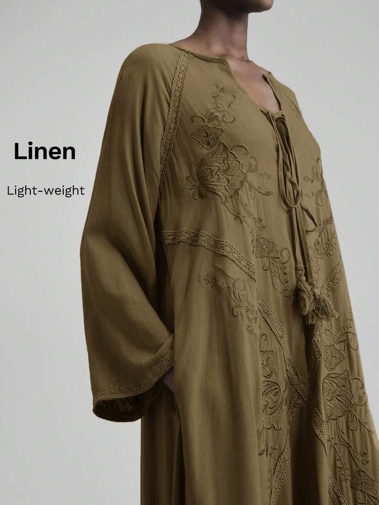 2026SS New V-Neck Raglan Sleeve Dress, Bestselling Solid Military Green Dress, Minimalist Boho Casual, Dress, Bohemian Autumn Dress, Elegant Comfortable, Loose Fit, Suitable For Holiday , Women's Outerwear, Embroidery Design, Fashionable Versatile Long Dress Tea Party Olive Green